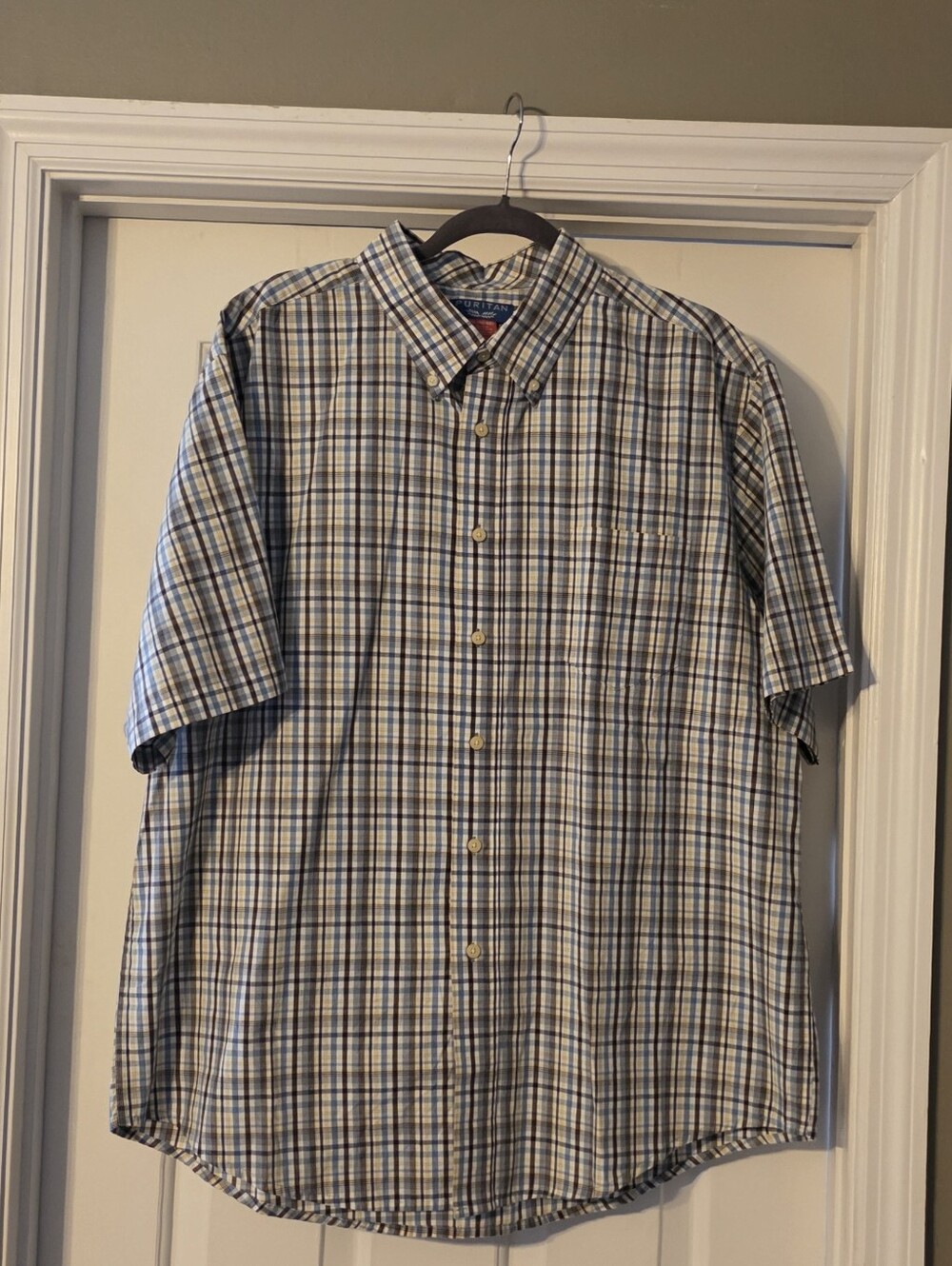 Puritan Short-Sleeve Blue and White Plaid Button-Down Shirt